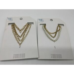 Time and Tru Necklace Set Women OS Gold Pearl Layered Chain 2 Pack Bundle NEW